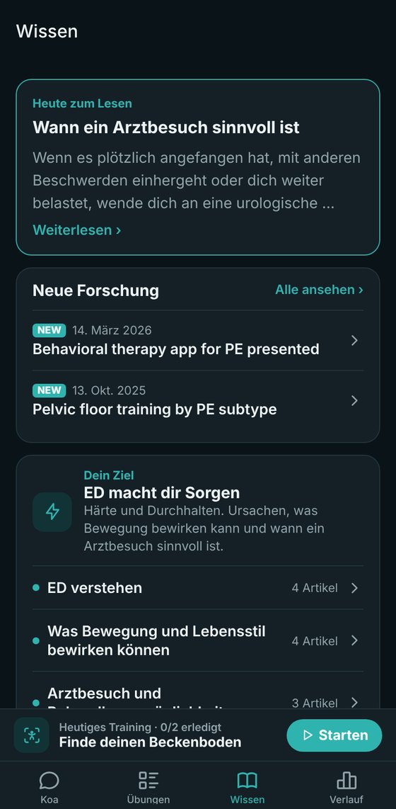 Der Tab „Wissen“ mit Artikeln zu Behandlung und Ernährung