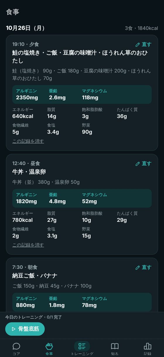 食事の写真から計算した栄養の目安